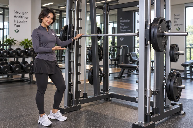 Ilustrasi Smith Machine di gym dengan karakter AktivitasSehat berdiri di sampingnya