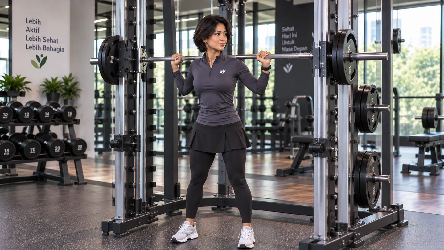 Karakter AktivitasSehat berdiri tegak di bawah bar Smith Machine dengan pegangan seimbang dan kaki stabil untuk memulai squat