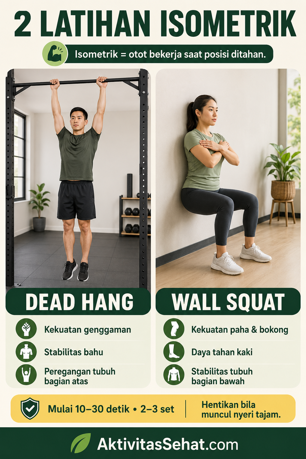 Poster dua latihan isometrik: pria melakukan dead hang dan wanita melakukan wall squat.